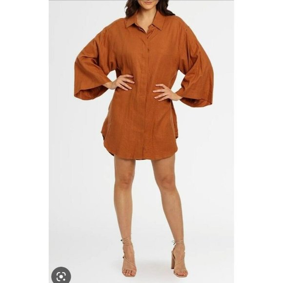 NEW Camilla And Marc Anneli Shirt Dress Women's Size 12 Rust Mini Relaxed Linen - Picture 2 of 11